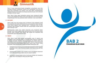 GimnastikGimnastik
1110
BAB 2PENGURUSAN KELAB SUKAN
Dasar ini juga menyumbang kepada penggalakan pertandingan yang sihat,
semangat muhibah, kesefahaman, toleransi, dan meningkatkan nilai moral dan
fizikal yang memberikan satu landasan yang betul dalam mengintegrasikan
pelbagai kumpulan etnik kepada satu bangsa yang bersatu padu serta memupuk
semangat cinta akan negara.
Dasar 1Murid 1Sukan dapat memberikan peluang secara menyeluruh kepada
semua murid melibatkan diri dalam sukan secara lebih terurus dan terancang serta
mengimbangkan fokus atau penekanan dalam melahirkan insan secara holistik.
1.3	MATLAMAT
Dalam jangka masa yang panjang, dasar ini berhasrat untuk melahirkan modal
insan yang sihat dan cergas melalui penyertaan yang menyeluruh dalam kalangan
murid melalui kegiatan sukan sepanjang tahun. Pelaksanaan dasar ini akan
membantu bagi mengatasi masalah disiplin dan mengurangkan masalah obesiti
dalam kalangan murid.
Membangunkan modal insan melalui penyertaan yang menyeluruh dalam
kalangan murid melalui kegiatan sukan sepanjang tahun serta memupuk budaya
bersukan dalam kalangan murid sekolah agar menjadi ahli masyarakat yang
mengamalkan gaya hidup sihat dan cergas.
1.4	KONSEP
Dasar 1Murid 1Sukan ialah program pembangunan sukan di sekolah yang
mewajibkan setiap murid dari Tahap 2 di sekolah rendah hingga ke Tingkatan 6
di sekolah menengah mengikuti sekurang-kurangnya satu aktiviti sukan yang
dikendalikan secara terancang dan sistematik. Dasar 1Murid 1Sukan berteraskan
prinsip-prinsip asas perkembangan fizikal murid. Justeru, Dasar 1Murid 1Sukan
diwujudkan untuk merealisasikan Falsafah Pendidikan Kebangsaan agar;
i.	 memberikanakseskepadasemuamuriduntukmendapatkanfaedahdaripada
	 penglibatan dalam sukan khususnya kepada murid yang kurang aktif atau
	 tidak aktif;
ii.	 membangunkan program sukan sekolah ke arah meningkatkan penyertaan
	 murid sekurang-kurangnya dalam satu jenis sukan di sekolah;
iii.	 memberikan peluang kepada semua murid yang berbakat dan berpotensi
	 dalam sukan untuk digilap ke tahap yang lebih tinggi;
 