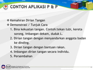  Kemahiran Dirian Tangan
 Demonstrasi / Tunjuk Cara
1. Bina kekuatan tangan. Contoh:tekan tubi, kereta
sorong, imbangan dekam, duduk L.
2. Dirian tangan dengan menyandarkan anggota badan
ke dinding.
3. Dirian tangan dengan bantuan rakan.
4. Imbangan dirian tangan secara individu.
5. Persembahan

Bahagian Pembangunan Kurikulum
KEMENTERIAN PELAJARAN MALAYSIA

12

 