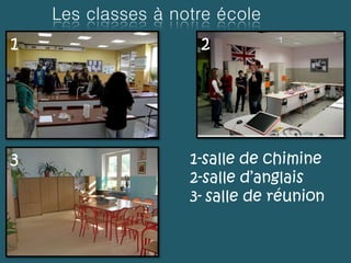 Les classes à notre école
1 2
3 1-salle de chimine
2-salle d’anglais
3- salle de réunion