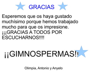 GRACIAS
Esperemos que os haya gustado
muchísimo porque hemos trabajado
mucho para que os impresione.
¡¡¡GRACIAS A TODOS POR
ESCUCHARNOS!!!!
¡¡GIMNOSPERMAS!!
Olimpia, Antonio y Anyelo
 