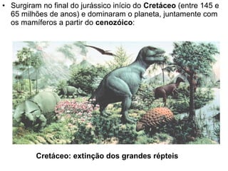 • Surgiram no final do jurássico início do Cretáceo (entre 145 e
  65 milhões de anos) e dominaram o planeta, juntamente com
  os mamíferos a partir do cenozóico:




         Cretáceo: extinção dos grandes répteis
 