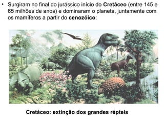 • Surgiram no final do jurássico início do Cretáceo (entre 145 e
  65 milhões de anos) e dominaram o planeta, juntamente com
  os mamíferos a partir do cenozóico:




         Cretáceo: extinção dos grandes répteis
 