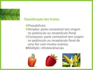 Classificação dos frutos:
◍Pseudofruto:
◍Simples: parte comestível tem origem
no pedúnculo ou receptáculo floral;
◍Composto: parte comestível tem origem
no pedúnculo ou receptáculo floral de
uma flor com muitos ovários;
◍Múltiplo: infrutescênscias
 