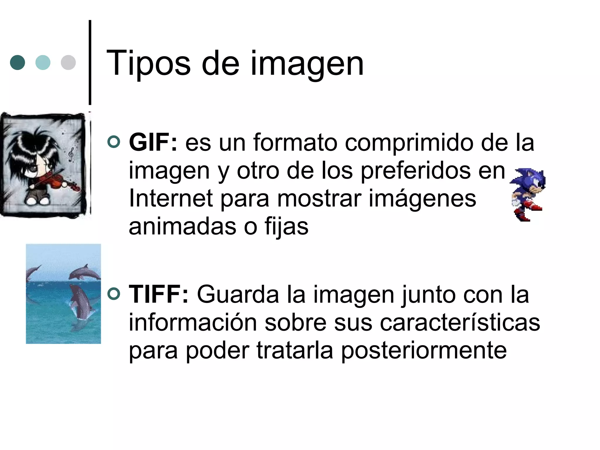 Tipos de imagen GIF:  es un formato comprimido de la imagen y otro de los preferidos en Internet para mostrar imágenes animadas o fijas TIFF:  Guarda la imagen junto con la información sobre sus características para poder tratarla posteriormente 
