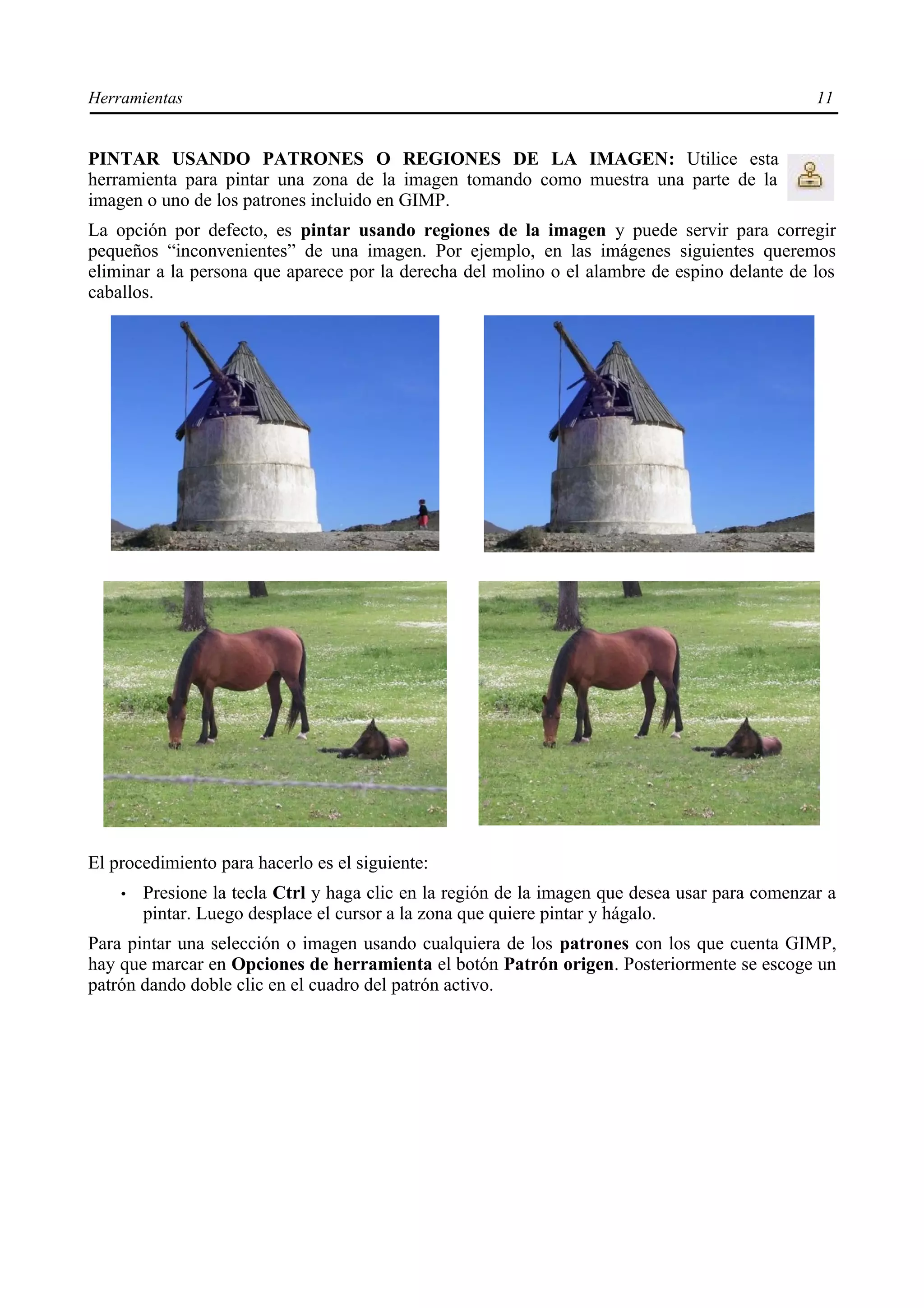Herramientas                                                                                    11


PINTAR USANDO PATRONES O REGIONES DE LA IMAGEN: Utilice esta
herramienta para pintar una zona de la imagen tomando como muestra una parte de la
imagen o uno de los patrones incluido en GIMP.
La opción por defecto, es pintar usando regiones de la imagen y puede servir para corregir
pequeños “inconvenientes” de una imagen. Por ejemplo, en las imágenes siguientes queremos
eliminar a la persona que aparece por la derecha del molino o el alambre de espino delante de los
caballos.




El procedimiento para hacerlo es el siguiente:
    •   Presione la tecla Ctrl y haga clic en la región de la imagen que desea usar para comenzar a
        pintar. Luego desplace el cursor a la zona que quiere pintar y hágalo.
Para pintar una selección o imagen usando cualquiera de los patrones con los que cuenta GIMP,
hay que marcar en Opciones de herramienta el botón Patrón origen. Posteriormente se escoge un
patrón dando doble clic en el cuadro del patrón activo.
 