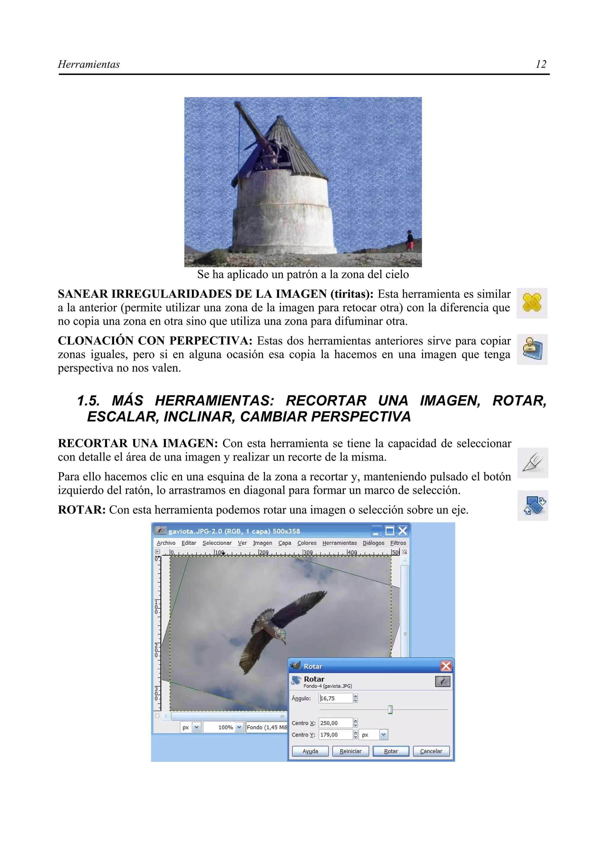Herramientas                                                                                     12




                            Se ha aplicado un patrón a la zona del cielo
SANEAR IRREGULARIDADES DE LA IMAGEN (tiritas): Esta herramienta es similar
a la anterior (permite utilizar una zona de la imagen para retocar otra) con la diferencia que
no copia una zona en otra sino que utiliza una zona para difuminar otra.
CLONACIÓN CON PERPECTIVA: Estas dos herramientas anteriores sirve para copiar
zonas iguales, pero si en alguna ocasión esa copia la hacemos en una imagen que tenga
perspectiva no nos valen.

   1.5. MÁS HERRAMIENTAS: RECORTAR UNA IMAGEN, ROTAR,
     ESCALAR, INCLINAR, CAMBIAR PERSPECTIVA
RECORTAR UNA IMAGEN: Con esta herramienta se tiene la capacidad de seleccionar
con detalle el área de una imagen y realizar un recorte de la misma.
Para ello hacemos clic en una esquina de la zona a recortar y, manteniendo pulsado el botón
izquierdo del ratón, lo arrastramos en diagonal para formar un marco de selección.
ROTAR: Con esta herramienta podemos rotar una imagen o selección sobre un eje.
 