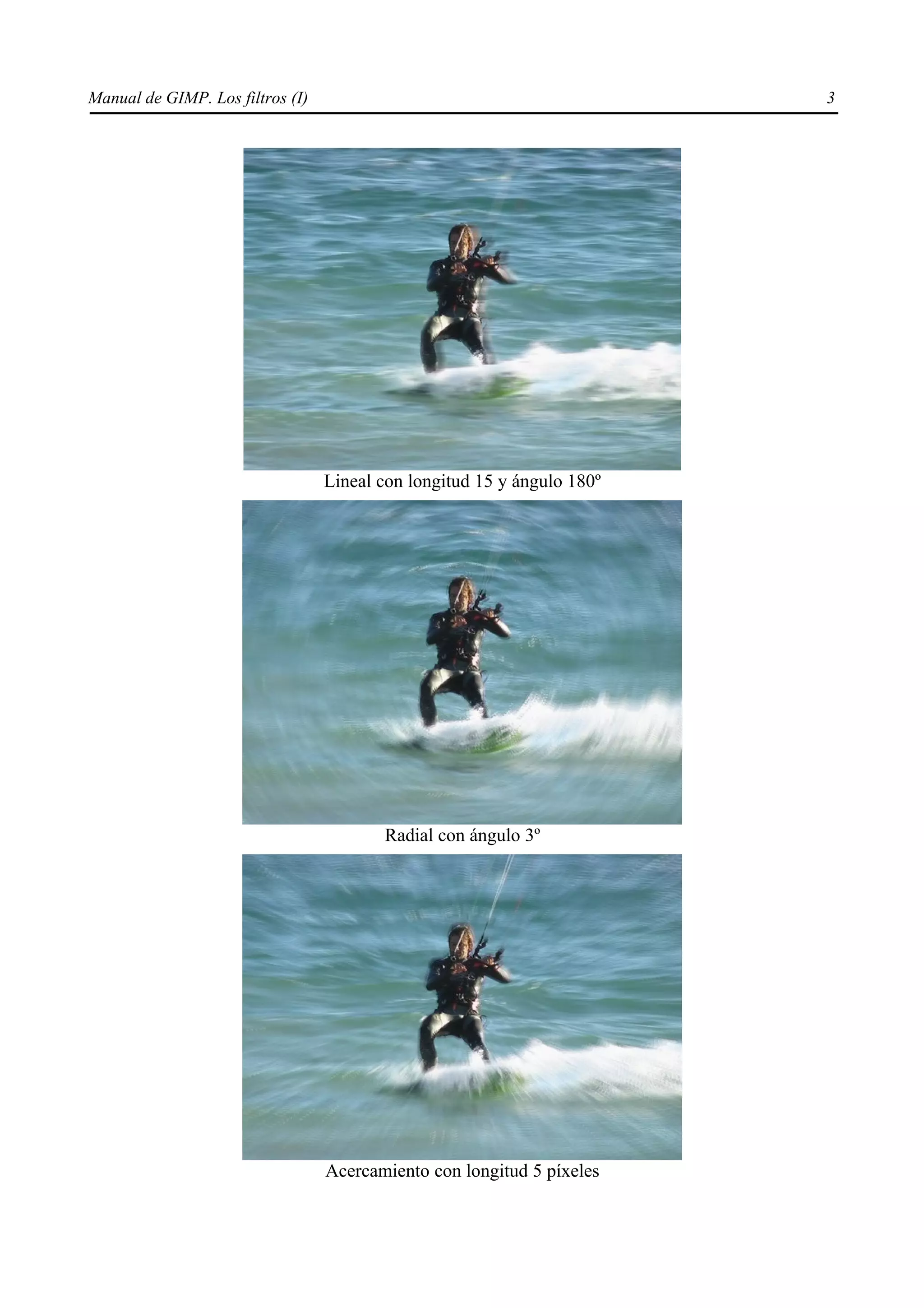 Manual de GIMP. Los filtros (I)                                          3




                                  Lineal con longitud 15 y ángulo 180º




                                         Radial con ángulo 3º




                                  Acercamiento con longitud 5 píxeles
 