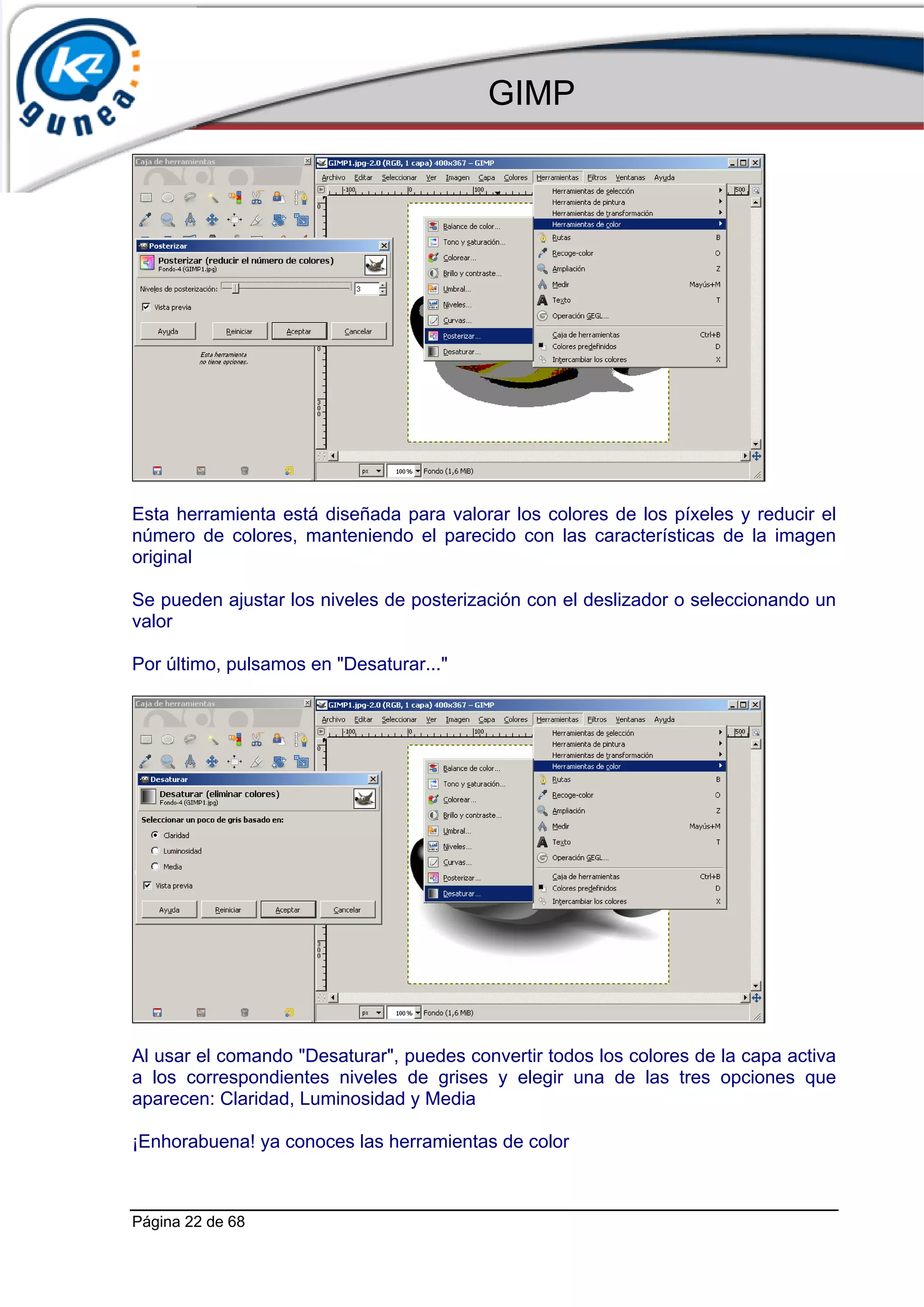 GIMP




Esta herramienta está diseñada para valorar los colores de los píxeles y reducir el
número de colores, manteniendo el parecido con las características de la imagen
original

Se pueden ajustar los niveles de posterización con el deslizador o seleccionando un
valor

Por último, pulsamos en "Desaturar..."




Al usar el comando "Desaturar", puedes convertir todos los colores de la capa activa
a los correspondientes niveles de grises y elegir una de las tres opciones que
aparecen: Claridad, Luminosidad y Media

¡Enhorabuena! ya conoces las herramientas de color



Página 22 de 68
 