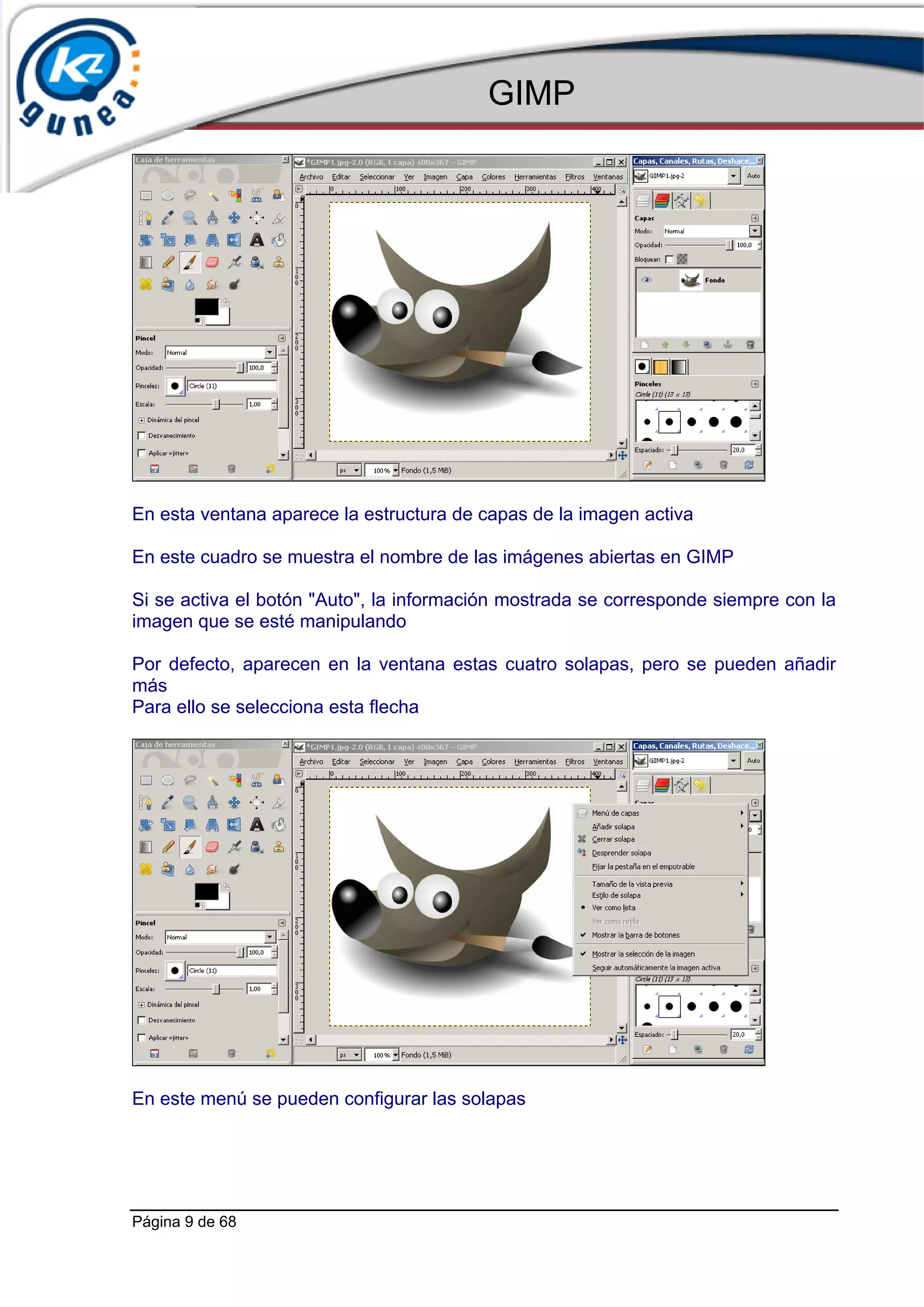 GIMP




En esta ventana aparece la estructura de capas de la imagen activa

En este cuadro se muestra el nombre de las imágenes abiertas en GIMP

Si se activa el botón "Auto", la información mostrada se corresponde siempre con la
imagen que se esté manipulando

Por defecto, aparecen en la ventana estas cuatro solapas, pero se pueden añadir
más
Para ello se selecciona esta flecha




En este menú se pueden configurar las solapas




Página 9 de 68
 