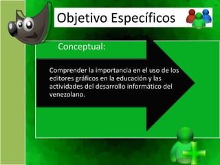 Objetivo Específicos
  Conceptual:

Comprender la importancia en el uso de los
editores gráficos en la educación y las
actividades del desarrollo informático del
venezolano.
 