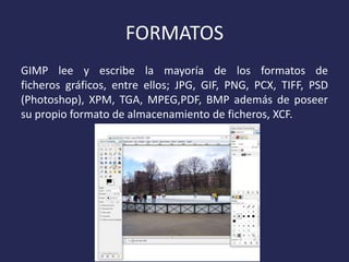 FORMATOS
GIMP lee y escribe la mayoría de los formatos de
ficheros gráficos, entre ellos; JPG, GIF, PNG, PCX, TIFF, PSD
(Photoshop), XPM, TGA, MPEG,PDF, BMP además de poseer
su propio formato de almacenamiento de ficheros, XCF.

 