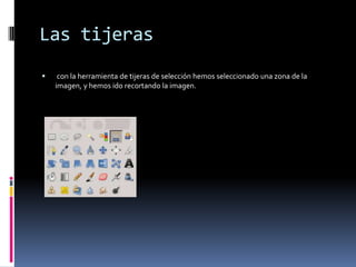 Las tijeras
 con la herramienta de tijeras de selección hemos seleccionado una zona de la
imagen, y hemos ido recortando la imagen.
 