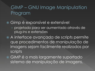 Gimpé expansível e extensível 
›projetado para ser aumentado através de plug-ins e extensões 
A interface avançada de scripts permite que procedimentos de manipulação de imagens sejam facilmente realizados por scripts 
GIMP é o mais largamente suportado sistema de manipulação de imagens.  