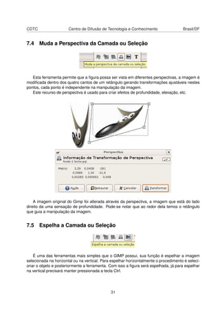 CDTC Centro de Difusão de Tecnologia e Conhecimento Brasil/DF
7.4 Muda a Perspectiva da Camada ou Seleção
Esta ferramenta permite que a ﬁgura possa ser vista em diferentes perspectivas, a imagem é
modiﬁcada dentro dos quatro cantos de um retângulo gerando transformações ajustáveis nestes
pontos, cada ponto é independente na manipulação da imagem.
Este recurso de perspectiva é usado para criar efeitos de profundidade, elevação, etc.
A imagem original do Gimp foi alterada através da perspectiva, a imagem que está do lado
direito da uma sensação de profundidade. Pode-se notar que ao redor dela temos o retângulo
que guia a manipulação da imagem.
7.5 Espelha a Camada ou Seleção
É uma das ferramentas mais simples que o GIMP possui, sua função é espelhar a imagem
selecionada na horizontal ou na vertical. Para espelhar horizontalmente o procedimento é seleci-
onar o objeto e posteriormente a ferramenta. Com isso a ﬁgura será espelhada, já para espelhar
na vertical precisará manter pressionada a tecla Ctrl.
31
 