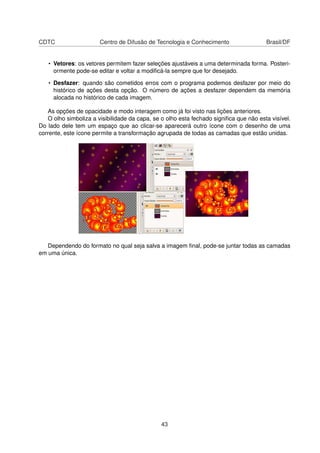 CDTC Centro de Difusão de Tecnologia e Conhecimento Brasil/DF
• Vetores: os vetores permitem fazer seleções ajustáveis a uma determinada forma. Posteri-
ormente pode-se editar e voltar a modiﬁcá-la sempre que for desejado.
• Desfazer: quando são cometidos erros com o programa podemos desfazer por meio do
histórico de ações desta opção. O número de ações a desfazer dependem da memória
alocada no histórico de cada imagem.
As opções de opacidade e modo interagem como já foi visto nas lições anteriores.
O olho simboliza a visibilidade da capa, se o olho esta fechado signiﬁca que não esta visível.
Do lado dele tem um espaço que ao clicar-se aparecerá outro ícone com o desenho de uma
corrente, este ícone permite a transformação agrupada de todas as camadas que estão unidas.
Dependendo do formato no qual seja salva a imagem ﬁnal, pode-se juntar todas as camadas
em uma única.
43
 