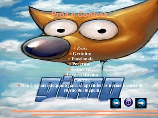 Prós e Contras Prós: Gratuito; Funcional; Poderoso; Extensível; Leve no sistema Contras: Não é o mais adequado para se aprender as noções básicas de edição de imagem. 