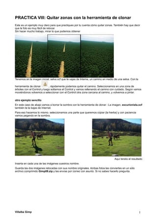 PRACTICA VIII: Quitar zonas con la herramienta de clonar
Este es un ejemplo muy claro para que practiques por tu cuenta cómo quitar zonas. También hay que decir
que la foto es muy fácil de retocar.
Sin hacer mucho trabajo, mirar lo que podemos obtener
Tenemos en la imagen inicial, selva.xcf que te vajas de Interne, un camino en medio de una selva. Con la
herramienta de clonar , rápidamente podemos quitar el camino. Seleccionamos en una zona de
árboles con el Control y luego soltamos el Control y vamos rellenando el camino con cuidado. Según vamos
moviéndonos volvemos a seleccionar con el Control otra zona cercana al camino, y volvemos a pintar.
otro ejemplo sencillo
En este caso de abajo vamos a borrar la sombra con la herramienta de clonar : La imagen, excurionista.xcf
también te la bajas de Internet.
Para eso hacemos lo mismo. seleccionamos una parte que queremos copiar (la hierba) y con paciencia
vamos pegando en la sombra.
Aquí tenéis el resultado
Inserta en cada una de las imágenes vuestros nombre.
Guarda las dos imágenes retocadas con sus nombre originales. Ambas fotos las conviertes en un sólo
archivo comprimido Gimp08.zip y las envías por correo con asunto. Si no sabes hacerlo pregunta.
Villalba Gimp 1
 