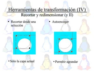 Herramientas de transformación (IV) Recortar y redimensionar (y II) Recortar desde una selección Autoencoger Sólo la capa actual Permitir agrandar 