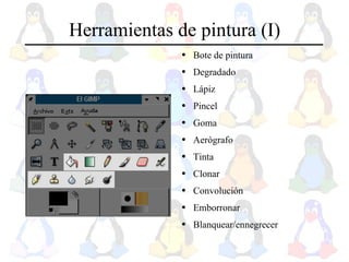 Herramientas de pintura (I) Bote de pintura Degradado Lápiz Pincel Goma Aerógrafo Tinta Clonar Convolución Emborronar Blanquear/ennegrecer 