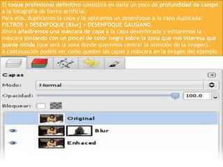 El toque profesional definitivo consistirá en darle un poco de profundidad de campo
a la fotografía de forma artificial.
Para ello, duplicamos la capa y le aplicamos un desenfoque a la capa duplicada:
FILTROS > DESENFOQUE [Blur] > DESENFOQUE GAUSIANO.
Ahora añadiremos una máscara de capa a la capa desenfocada y editaremos la
máscara pintando con un pincel de color negro sobre la zona que nos interesa que
quede nítida (que será la zona donde queremos centrar la atención de la imagen).
A continuación podéis ver como quedan las capas y máscara en la imagen del ejemplo
 