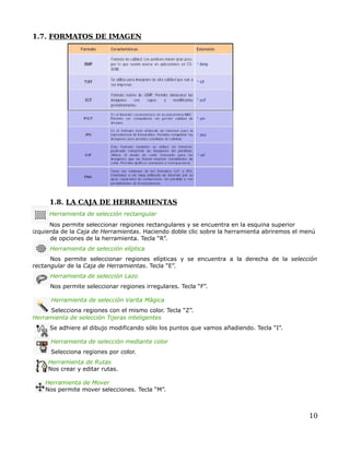 1.7. FORMATOS DE IMAGEN




     1.8. LA CAJA DE HERRAMIENTAS
     Herramienta de selección rectangular
      Nos permite seleccionar regiones rectangulares y se encuentra en la esquina superior
izquierda de la Caja de Herramientas. Haciendo doble clic sobre la herramienta abriremos el menú
      de opciones de la herramienta. Tecla “R”.
      Herramienta de selección elíptica
      Nos permite seleccionar regiones elípticas y se encuentra a la derecha de la selección
rectangular de la Caja de Herramientas. Tecla “E”.
      Herramienta de selección Lazo
      Nos permite seleccionar regiones irregulares. Tecla “F”.

      Herramienta de selección Varita Mágica
      Selecciona regiones con el mismo color. Tecla “Z”.
Herramienta de selección Tijeras inteligentes
      Se adhiere al dibujo modificando sólo los puntos que vamos añadiendo. Tecla “I”.

      Herramienta de selección mediante color
      Selecciona regiones por color.
     Herramienta de Rutas
     Nos crear y editar rutas.

    Herramienta de Mover
    Nos permite mover selecciones. Tecla “M”.



                                                                                             10
 