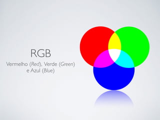 RGB
Vermelho (Red), Verde (Green)
e Azul (Blue)
 