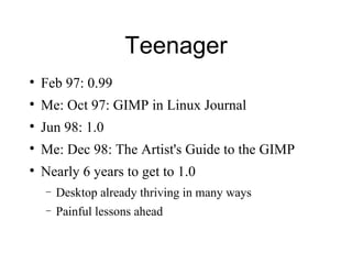 Teenager Feb 97: 0.99  Me: Oct 97: GIMP in Linux Journal Jun 98: 1.0 Me: Dec 98: The Artist's Guide to the GIMP Nearly 6 years to get to 1.0 Desktop already thriving in many ways Painful lessons ahead 