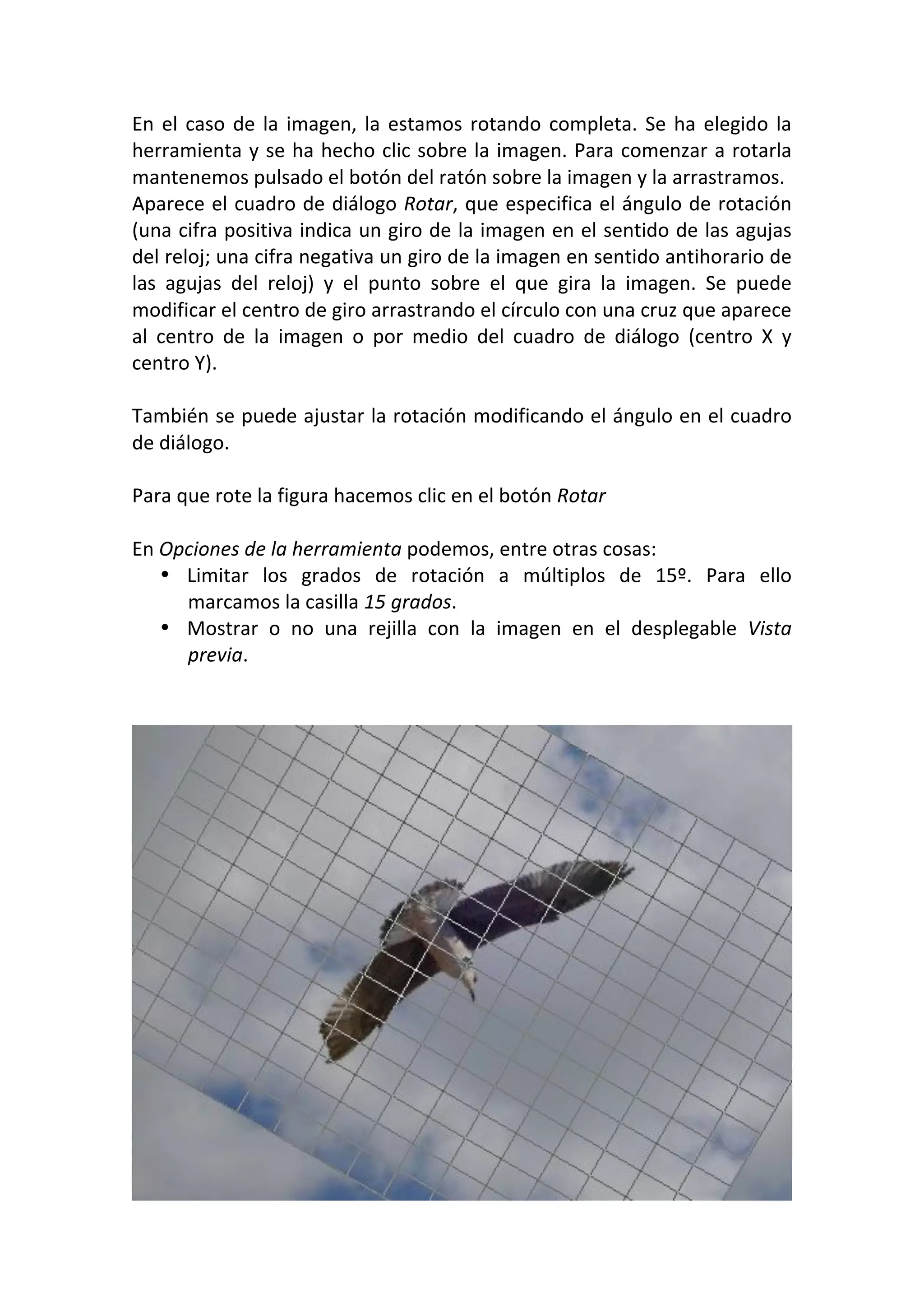 En el caso de la imagen, la estamos rotando completa. Se ha elegido la 
herramienta y se ha hecho clic sobre la imagen. Para comenzar a rotarla 
mantenemos pulsado el botón del ratón sobre la imagen y la arrastramos. 
Aparece el cuadro de diálogo Rotar, que especifica el ángulo de rotación 
(una cifra positiva indica un giro de la imagen en el sentido de las agujas 
del reloj; una cifra negativa un giro de la imagen en sentido antihorario de 
las  agujas  del  reloj)  y  el  punto  sobre  el  que  gira  la  imagen.  Se  puede 
modificar el centro de giro arrastrando el círculo con una cruz que aparece 
al  centro  de  la  imagen  o  por  medio  del  cuadro  de  diálogo  (centro  X  y 
centro Y). 
 
También se puede ajustar la rotación modificando el ángulo en el cuadro 
de diálogo. 
 
Para que rote la figura hacemos clic en el botón Rotar 
 
En Opciones de la herramienta podemos, entre otras cosas: 
• Limitar  los  grados  de  rotación  a  múltiplos  de  15º.  Para  ello 
marcamos la casilla 15 grados. 
• Mostrar  o  no  una  rejilla  con  la  imagen  en  el  desplegable  Vista 
previa. 
 
 
 