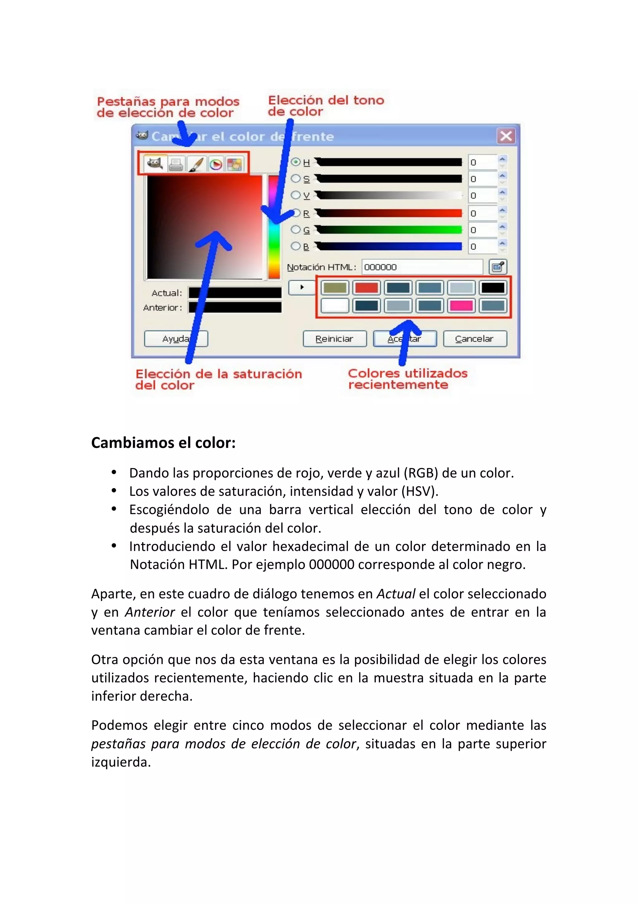  
Cambiamos el color: 
• Dando las proporciones de rojo, verde y azul (RGB) de un color.  
• Los valores de saturación, intensidad y valor (HSV).  
• Escogiéndolo  de  una  barra  vertical  elección  del  tono  de  color  y 
después la saturación del color.  
• Introduciendo el valor hexadecimal de un color determinado en la 
Notación HTML. Por ejemplo 000000 corresponde al color negro.  
Aparte, en este cuadro de diálogo tenemos en Actual el color seleccionado 
y  en  Anterior  el  color  que  teníamos  seleccionado  antes  de  entrar  en  la 
ventana cambiar el color de frente.  
Otra opción que nos da esta ventana es la posibilidad de elegir los colores 
utilizados recientemente, haciendo clic en la muestra situada en la parte 
inferior derecha.  
Podemos  elegir  entre  cinco  modos  de  seleccionar  el  color  mediante  las 
pestañas para modos de elección de color, situadas en la parte superior 
izquierda.  
 
 
 