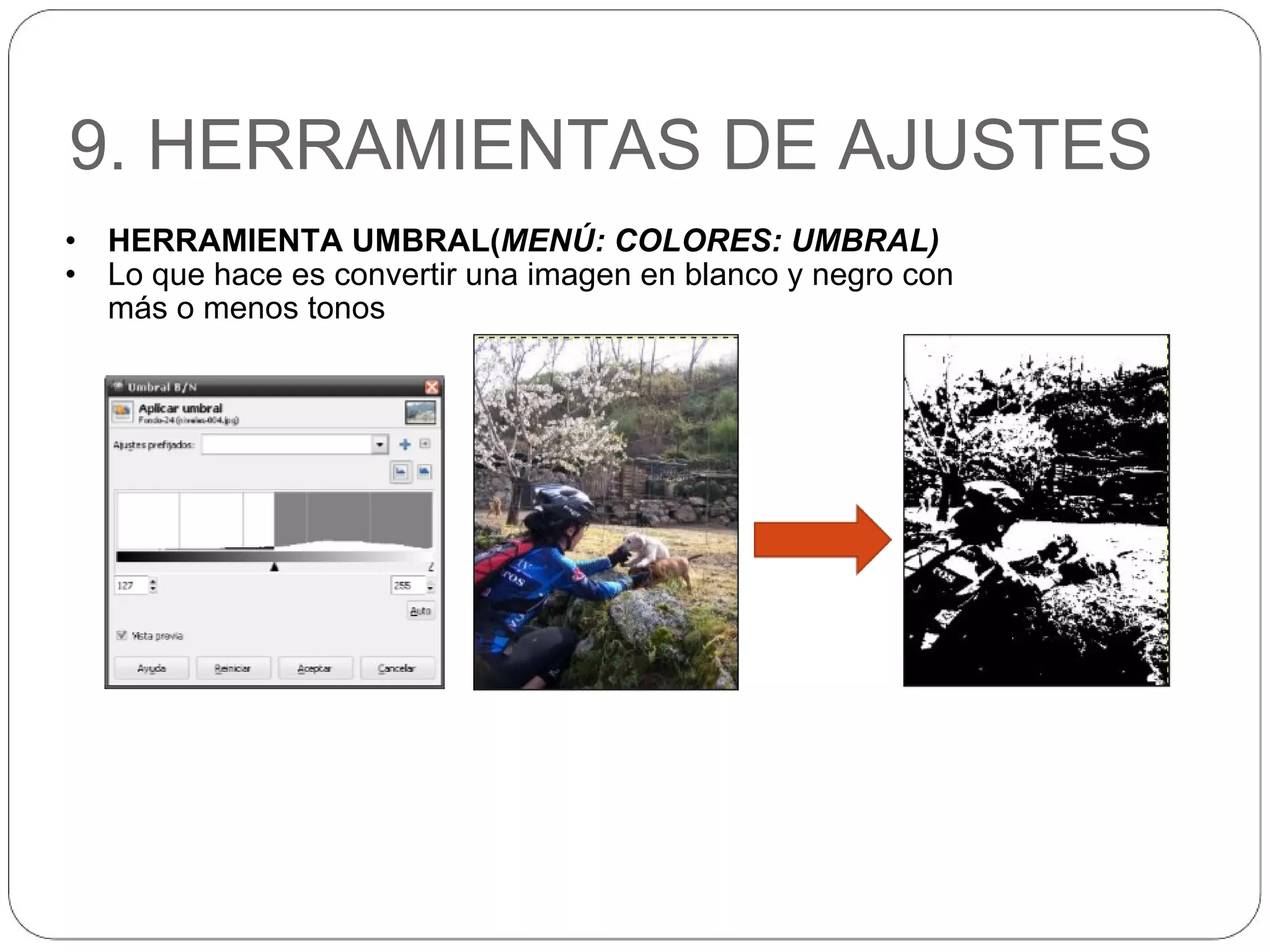 9. HERRAMIENTAS DE AJUSTES HERRAMIENTA UMBRAL( MENÚ: COLORES: UMBRAL) Lo que hace es convertir una imagen en blanco y negro con más o menos tonos 