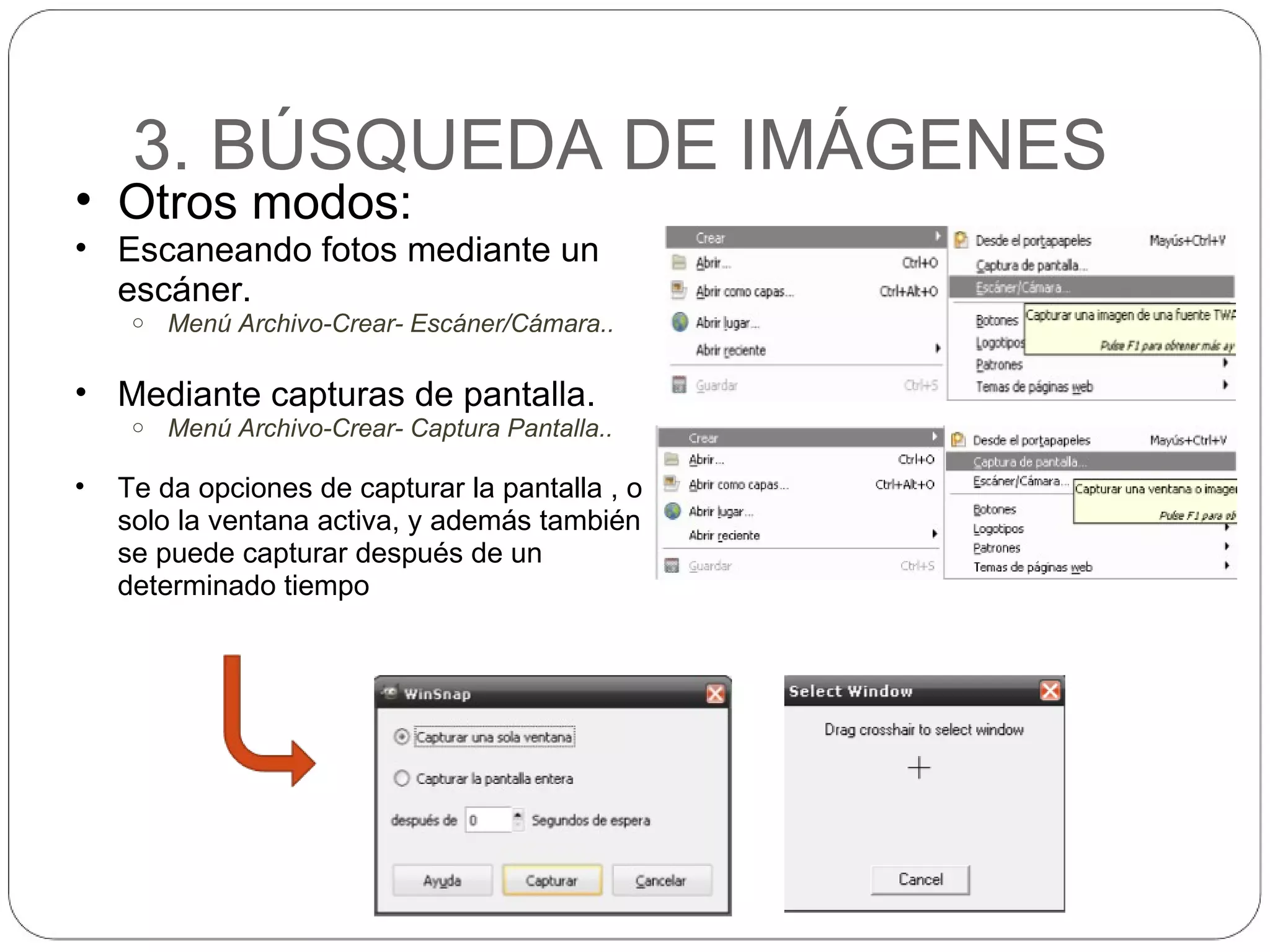 3. BÚSQUEDA DE IMÁGENES Otros modos: Escaneando fotos mediante un escáner. Menú Archivo-Crear- Escáner/Cámara.. Mediante capturas de pantalla. Menú Archivo-Crear- Captura Pantalla.. Te da opciones de capturar la pantalla , o solo la ventana activa, y además también se puede capturar después de un determinado tiempo 
