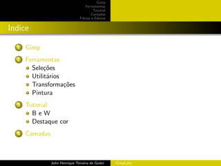 Gimp
                                    Ferramentas
                                         Tutorial
                                        Camadas
                                Filtros e Efeitos


Indice

  1   Gimp
  2   Ferramentas
        Sele¸˜es
             co
        Utilit´rios
              a
        Transforma¸˜es
                    co
        Pintura
  3   Tutorial
        BeW
        Destaque cor
  4   Camadas



                John Henrique Teixeira de Godoi     GimpLabs
 