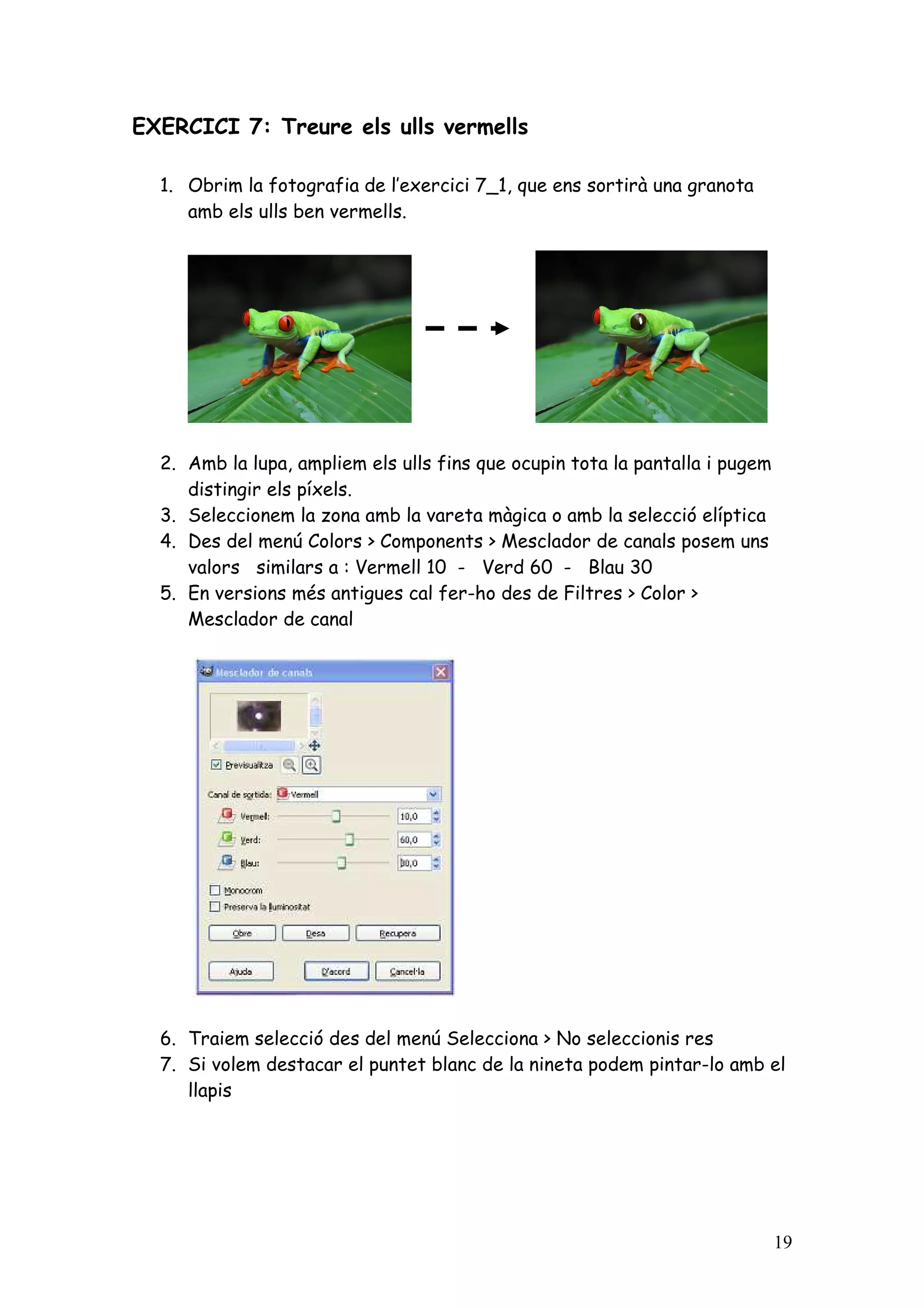 EXERCICI 7: Treure els ulls vermells

  1. Obrim la fotografia de l’exercici 7_1, que ens sortirà una granota
     amb els ulls ben vermells.




  2. Amb la lupa, ampliem els ulls fins que ocupin tota la pantalla i pugem
     distingir els píxels.
  3. Seleccionem la zona amb la vareta màgica o amb la selecció elíptica
  4. Des del menú Colors > Components > Mesclador de canals posem uns
     valors similars a : Vermell 10 - Verd 60 - Blau 30
  5. En versions més antigues cal fer-ho des de Filtres > Color >
     Mesclador de canal




  6. Traiem selecció des del menú Selecciona > No seleccionis res
  7. Si volem destacar el puntet blanc de la nineta podem pintar-lo amb el
     llapis




                                                                              19
 