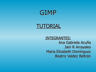 GIMP   TUTORIAL INTEGRANTES: Ana Gabriela Acuña Jairi R Arrayales Maria Elizabeth Domínguez Beatriz Valdez Beltrán 