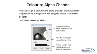 Colour to Alpha Channel
• You can assign a colour to the alpha channel, which will make
all pixels in your image with the assigned colour transparent
• In GIMP
– Colors > Color to Alpha
Use this tool to pan
around the preview
Preview, indicating
which areas are to be
transparent
Colour swatch – for
selecting colour to
become transparent
 