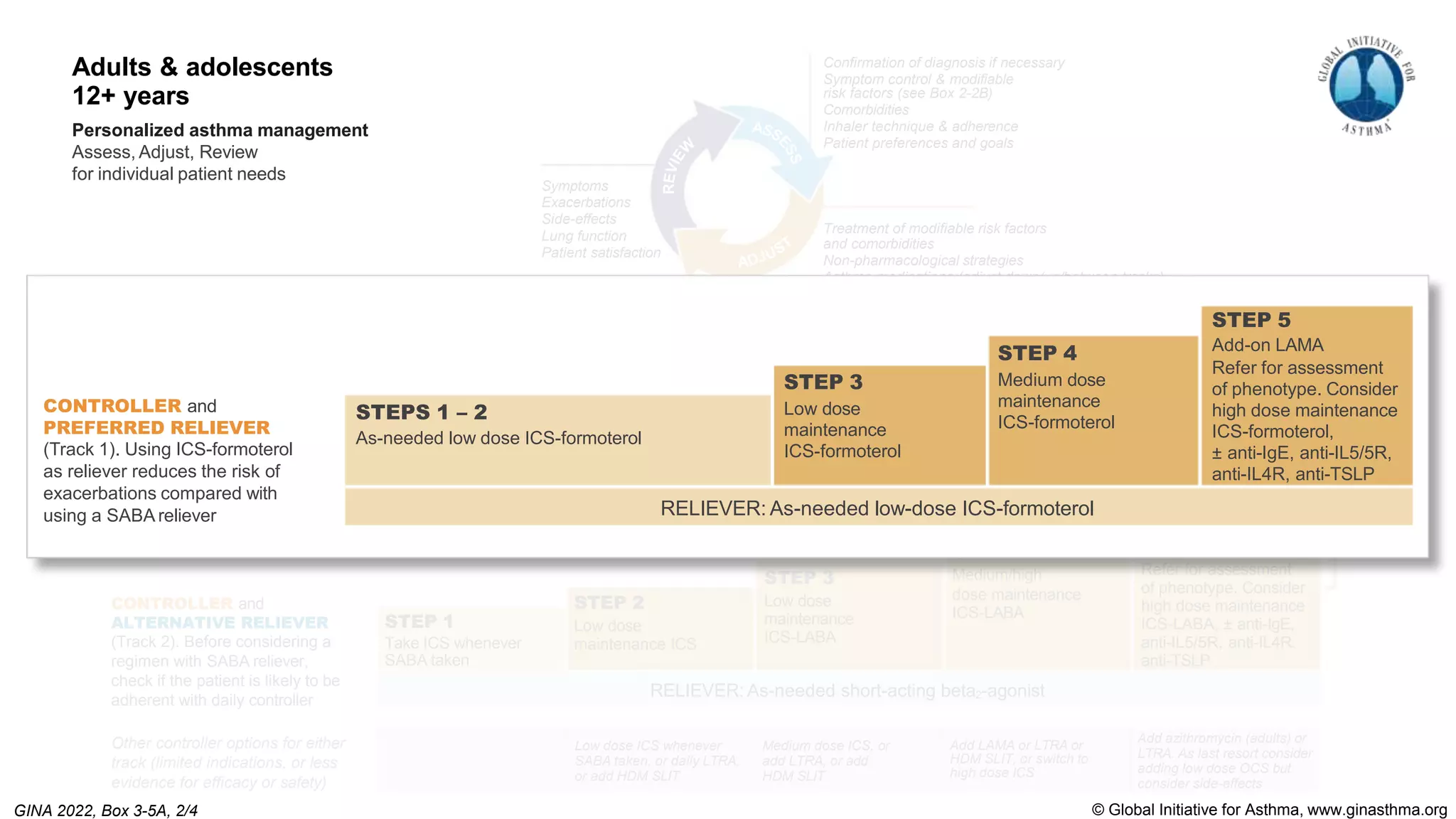 Low dose ICS whenever
SABA taken, or daily LTRA,
or add HDM SLIT
Medium dose ICS, or
add LTRA, or add
HDM SLIT
Add LAMA or LTRA or
HDM SLIT, or switch to
high dose ICS
Add azithromycin (adults) or
LTRA. As last resort consider
adding low dose OCS but
consider side-effects
RELIEVER: As-needed short-acting beta2-agonist
STEP 1
Take ICS whenever
SABA taken
STEP 2
Low dose
maintenance ICS
STEP 3
Low dose
maintenance
ICS-LABA
STEP 4
Medium/high
dose maintenance
ICS-LABA
STEP 5
Add-on LAMA
Refer for assessment
of phenotype. Consider
high dose maintenance
ICS-LABA, ± anti-IgE,
anti-IL5/5R, anti-IL4R,
anti-TSLP
RELIEVER: As-needed low-dose ICS-formoterol
STEPS 1 – 2
As-needed low dose ICS-formoterol
STEP 3
Low dose
maintenance
ICS-formoterol
STEP 4
Medium dose
maintenance
ICS-formoterol
STEP 5
Add-on LAMA
Refer for assessment
of phenotype. Consider
high dose maintenance
ICS-formoterol,
± anti-IgE, anti-IL5/5R,
anti-IL4R, anti-TSLP
Treatment of modifiable risk factors
and comorbidities
Non-pharmacological strategies
Asthma medications (adjust down/up/between tracks)
Education & skills training
Adults & adolescents
12+ years
Personalized asthma management
Assess, Adjust, Review
for individual patient needs
Symptoms
Exacerbations
Side-effects
Lung function
Patient satisfaction
Confirmation of diagnosis if necessary
Symptom control & modifiable
risk factors (see Box 2-2B)
Comorbidities
Inhaler technique & adherence
Patient preferences and goals
CONTROLLER and
PREFERRED RELIEVER
(Track 1). Using ICS-formoterol
as reliever reduces the risk of
exacerbations compared with
using a SABA reliever
Other controller options for either
track (limited indications, or less
evidence for efficacy or safety)
CONTROLLER and
ALTERNATIVE RELIEVER
(Track 2). Before considering a
regimen with SABA reliever,
check if the patient is likely to be
adherent with daily controller
See GINA
severe
asthma guide
RELIEVER: As-needed low-dose ICS-formoterol
CONTROLLER and
PREFERRED RELIEVER
(Track 1). Using ICS-formoterol
as reliever reduces the risk of
exacerbations compared with
using a SABA reliever
STEPS 1 – 2
As-needed low dose ICS-formoterol
STEP 3
Low dose
maintenance
ICS-formoterol
STEP 4
Medium dose
maintenance
ICS-formoterol
STEP 5
Add-on LAMA
Refer for assessment
of phenotype. Consider
high dose maintenance
ICS-formoterol,
± anti-IgE, anti-IL5/5R,
anti-IL4R, anti-TSLP
© Global Initiative for Asthma, www.ginasthma.org
Adults & adolescents
12+ years
Personalized asthma management
Assess, Adjust, Review
for individual patient needs
GINA 2022, Box 3-5A, 2/4
 
