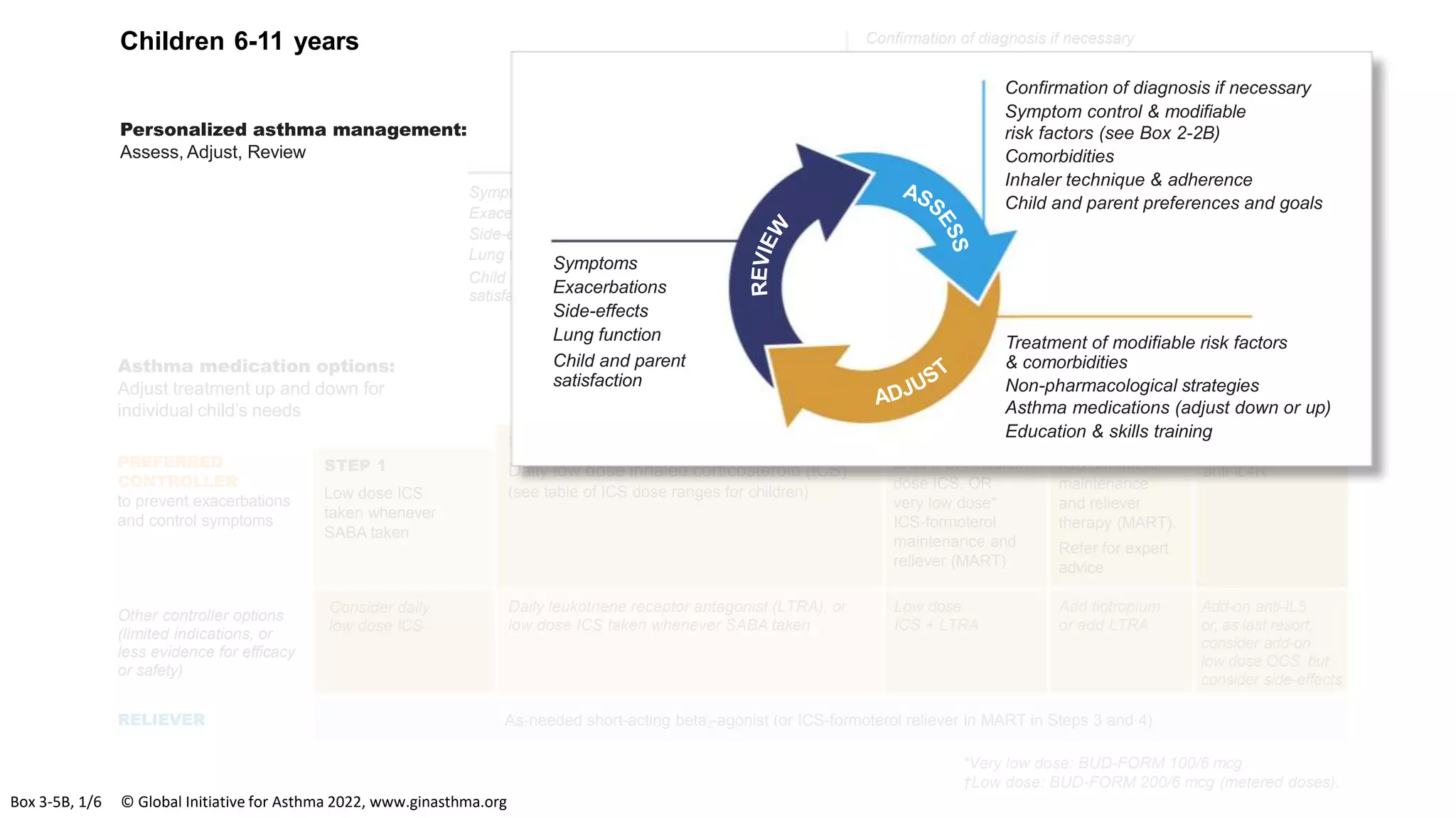 Add-on anti-IL5
or, as last resort,
consider add-on
low dose OCS, but
consider side-effects
*Very low dose: BUD-FORM 100/6 mcg
†Low dose: BUD-FORM 200/6 mcg (metered doses).
PREFERRED
CONTROLLER
to prevent exacerbations
and control symptoms
Other controller options
(limited indications, or
less evidence for efficacy
or safety)
RELIEVER
STEP 1
Low dose ICS
taken whenever
SABA taken
Consider daily
low dose ICS
Asthma medication options:
Adjust treatment up and down for
individual child’s needs
STEP 2
Daily low dose inhaled corticosteroid (ICS)
(see table of ICS dose ranges for children)
Daily leukotriene receptor antagonist (LTRA), or
low dose ICS taken whenever SABA taken
STEP 3
Low dose ICS-
LABA, OR medium
dose ICS, OR
very low dose*
ICS-formoterol
maintenance and
reliever (MART)
STEP 4
Medium dose
ICS-LABA,
OR low dose†
ICS-formoterol
maintenance
and reliever
therapy (MART).
Refer for expert
advice
STEP 5
Refer for
phenotypic
assessment
± higher dose
ICS-LABA or
add-on therapy,
e.g. anti-IgE,
anti-IL4R
Add tiotropium
or add LTRA
Low dose
ICS + LTRA
As-needed short-acting beta2-agonist (or ICS-formoterol reliever in MART in Steps 3 and 4)
Symptoms
Exacerbations
Side-effects
Lung function
Child and parent
satisfaction
Confirmation of diagnosis if necessary
Symptom control & modifiable
risk factors (see Box 2-2B)
Comorbidities
Inhaler technique & adherence
Child and parent preferences and goals
Treatment of modifiable risk factors
& comorbidities
Non-pharmacological strategies
Asthma medications (adjust down or up)
Education & skills training
Children 6-11 years
Personalized asthma management:
Assess, Adjust, Review
Symptoms
Exacerbations
Side-effects
Lung function
Child and parent
satisfaction
Confirmation of diagnosis if necessary
Symptom control & modifiable
risk factors (see Box 2-2B)
Comorbidities
Inhaler technique & adherence
Child and parent preferences and goals
Treatment of modifiable risk factors
& comorbidities
Non-pharmacological strategies
Asthma medications (adjust down or up)
Education & skills training
Box 3-5B, 1/6 © Global Initiative for Asthma 2022, www.ginasthma.org
 