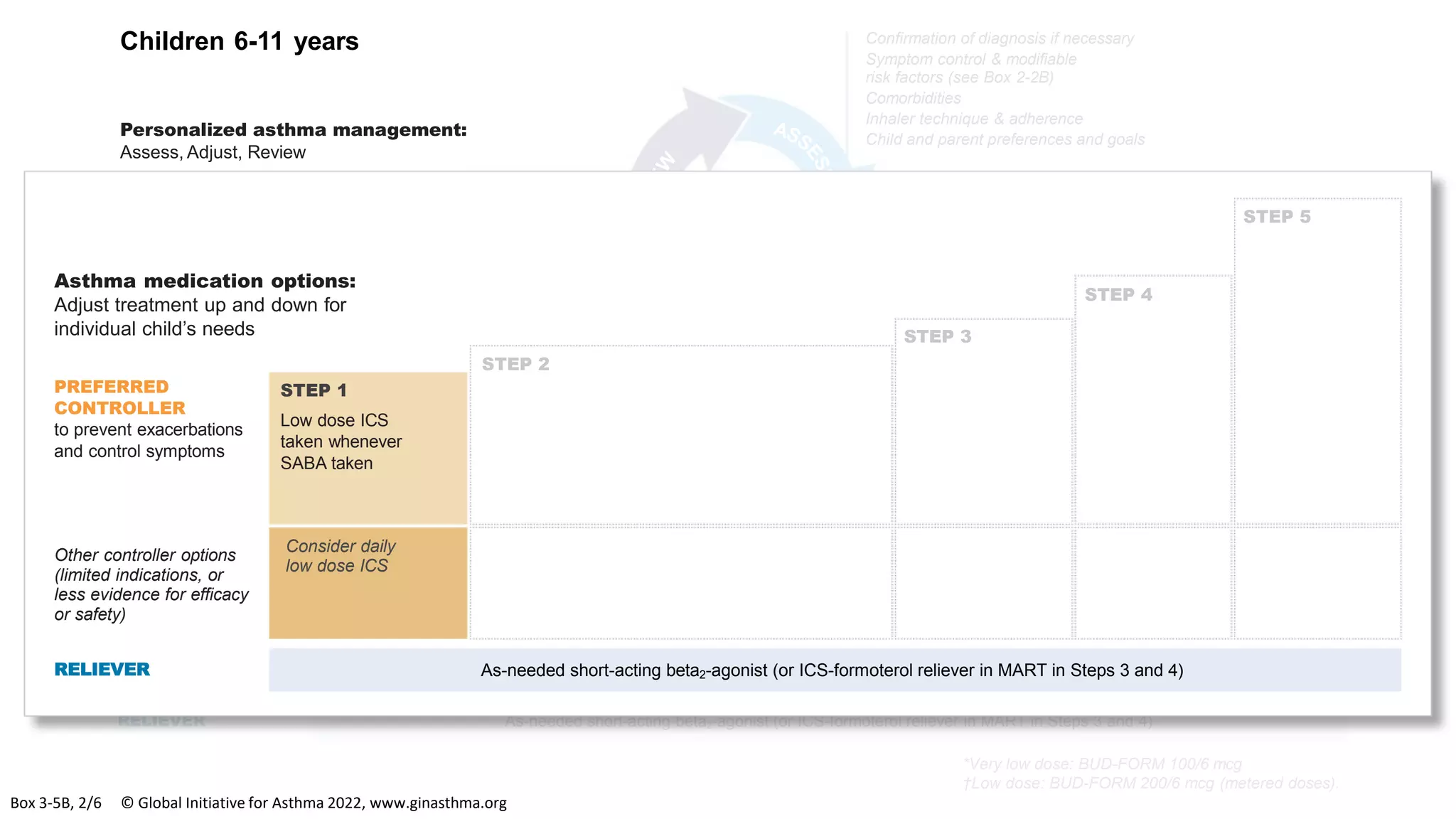 Add-on anti-IL5
or, as last resort,
consider add-on
low dose OCS, but
consider side-effects
*Very low dose: BUD-FORM 100/6 mcg
†Low dose: BUD-FORM 200/6 mcg (metered doses).
PREFERRED
CONTROLLER
to prevent exacerbations
and control symptoms
Other controller options
(limited indications, or
less evidence for efficacy
or safety)
RELIEVER
STEP 1
Low dose ICS
taken whenever
SABA taken
Consider daily
low dose ICS
Asthma medication options:
Adjust treatment up and down for
individual child’s needs
STEP 2
Daily low dose inhaled corticosteroid (ICS)
(see table of ICS dose ranges for children)
Daily leukotriene receptor antagonist (LTRA), or
low dose ICS taken whenever SABA taken
STEP 3
Low dose ICS-
LABA, OR medium
dose ICS, OR
very low dose*
ICS-formoterol
maintenance and
reliever (MART)
STEP 4
Medium dose
ICS-LABA,
OR low dose†
ICS-formoterol
maintenance
and reliever
therapy (MART).
Refer for expert
advice
STEP 5
Refer for
phenotypic
assessment
± higher dose
ICS-LABA or
add-on therapy,
e.g. anti-IgE,
anti-IL4R
Add tiotropium
or add LTRA
Low dose
ICS + LTRA
As-needed short-acting beta2-agonist (or ICS-formoterol reliever in MART in Steps 3 and 4)
Symptoms
Exacerbations
Side-effects
Lung function
Child and parent
satisfaction
Confirmation of diagnosis if necessary
Symptom control & modifiable
risk factors (see Box 2-2B)
Comorbidities
Inhaler technique & adherence
Child and parent preferences and goals
Treatment of modifiable risk factors
& comorbidities
Non-pharmacological strategies
Asthma medications (adjust down or up)
Education & skills training
Children 6-11 years
Personalized asthma management:
Assess, Adjust, Review
RELIEVER As-needed short-acting beta2-agonist (or ICS-formoterol reliever in MART in Steps 3 and 4)
PREFERRED
CONTROLLER
to prevent exacerbations
and control symptoms
Other controller options
(limited indications, or
less evidence for efficacy
or safety)
STEP 1
Low dose ICS
taken whenever
SABA taken
Consider daily
low dose ICS
Asthma medication options:
Adjust treatment up and down for
individual child’s needs
STEP 2
STEP 3
STEP 4
STEP 5
Box 3-5B, 2/6 © Global Initiative for Asthma 2022, www.ginasthma.org
 