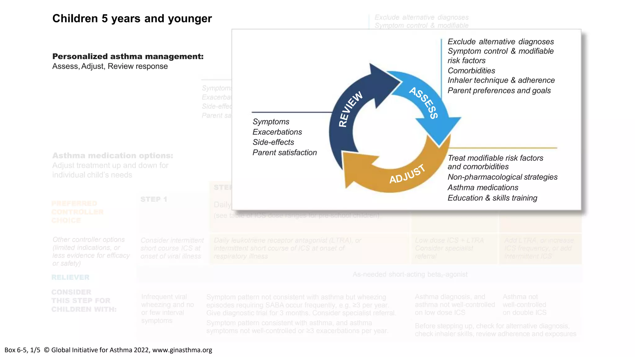PREFERRED
CONTROLLER
CHOICE
Other controller options
(limited indications, or
less evidence for efficacy
or safety)
RELIEVER
CONSIDER
THIS STEP FOR
CHILDREN WITH:
STEP 1
Asthma medication options:
Adjust treatment up and down for
individual child’s needs
Infrequent viral
wheezing and no
or few interval
symptoms
Asthma diagnosis, and
asthma not well-controlled
on low dose ICS
Asthma not
well-controlled
on double ICS
Before stepping up, check for alternative diagnosis,
check inhaler skills, review adherence and exposures
As-needed short-acting beta2-agonist
Symptom pattern not consistent with asthma but wheezing
episodes requiring SABA occur frequently, e.g. ≥3 per year.
Give diagnostic trial for 3 months. Consider specialist referral.
Symptom pattern consistent with asthma, and asthma
symptoms not well-controlled or ≥3 exacerbations per year.
STEP 2
Daily low dose inhaled corticosteroid (ICS)
(see table of ICS dose ranges for pre-school children)
STEP 3
Double ‘low
dose’ ICS
Low dose ICS + LTRA
Consider specialist
referral
STEP 4
Continue
controller & refer
for specialist
assessment
Add LTRA, or increase
ICS frequency, or add
intermittent ICS
Daily leukotriene receptor antagonist (LTRA), or
intermittent short course of ICS at onset of
respiratory illness
Symptoms
Exacerbations
Side-effects
Parent satisfaction
Exclude alternative diagnoses
Symptom control & modifiable
risk factors
Comorbidities
Inhaler technique & adherence
Parent preferences and goals
Treat modifiable risk factors
and comorbidities
Non-pharmacological strategies
Asthma medications
Education & skills training
Consider intermittent
short course ICS at
onset of viral illness
Children 5 years and younger
Personalized asthma management:
Assess,Adjust, Review response
Symptoms
Exacerbations
Side-effects
Parent satisfaction
Exclude alternative diagnoses
Symptom control & modifiable
risk factors
Comorbidities
Inhaler technique & adherence
Parent preferences and goals
Treat modifiable risk factors
and comorbidities
Non-pharmacological strategies
Asthma medications
Education & skills training
Box 6-5, 1/5 © Global Initiative for Asthma 2022, www.ginasthma.org
 