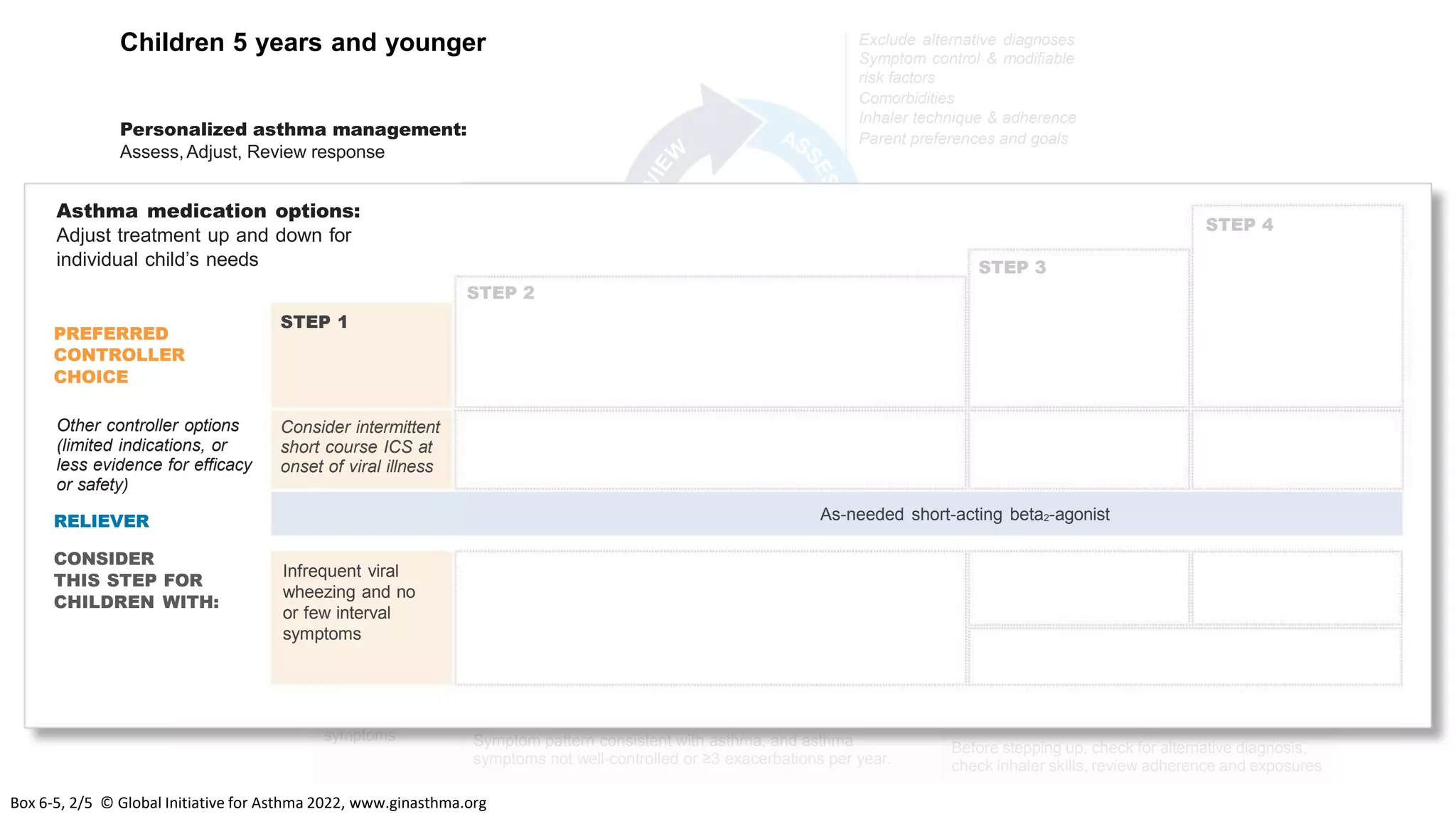 PREFERRED
CONTROLLER
CHOICE
Other controller options
(limited indications, or
less evidence for efficacy
or safety)
RELIEVER
CONSIDER
THIS STEP FOR
CHILDREN WITH:
STEP 1
Asthma medication options:
Adjust treatment up and down for
individual child’s needs
Infrequent viral
wheezing and no
or few interval
symptoms
Asthma diagnosis, and
asthma not well-controlled
on low dose ICS
Asthma not
well-controlled
on double ICS
Before stepping up, check for alternative diagnosis,
check inhaler skills, review adherence and exposures
As-needed short-acting beta2-agonist
Symptom pattern not consistent with asthma but wheezing
episodes requiring SABA occur frequently, e.g. ≥3 per year.
Give diagnostic trial for 3 months. Consider specialist referral.
Symptom pattern consistent with asthma, and asthma
symptoms not well-controlled or ≥3 exacerbations per year.
STEP 2
Daily low dose inhaled corticosteroid (ICS)
(see table of ICS dose ranges for pre-school children)
STEP 3
Double ‘low
dose’ ICS
Low dose ICS + LTRA
Consider specialist
referral
STEP 4
Continue
controller & refer
for specialist
assessment
Add LTRA, or increase
ICS frequency, or add
intermittent ICS
Daily leukotriene receptor antagonist (LTRA), or
intermittent short course of ICS at onset of
respiratory illness
Symptoms
Exacerbations
Side-effects
Parent satisfaction
Exclude alternative diagnoses
Symptom control & modifiable
risk factors
Comorbidities
Inhaler technique & adherence
Parent preferences and goals
Treat modifiable risk factors
and comorbidities
Non-pharmacological strategies
Asthma medications
Education & skills training
Consider intermittent
short course ICS at
onset of viral illness
Children 5 years and younger
Personalized asthma management:
Assess,Adjust, Review response
PREFERRED
CONTROLLER
CHOICE
Other controller options
(limited indications, or
less evidence for efficacy
or safety)
RELIEVER
CONSIDER
THIS STEP FOR
CHILDREN WITH:
Asthma medication options:
Adjust treatment up and down for
individual child’s needs
Infrequent viral
wheezing and no
or few interval
symptoms
As-needed short-acting beta2-agonist
STEP 2
STEP 3
STEP 4
Consider intermittent
short course ICS at
onset of viral illness
STEP 1
Box 6-5, 2/5 © Global Initiative for Asthma 2022, www.ginasthma.org
 