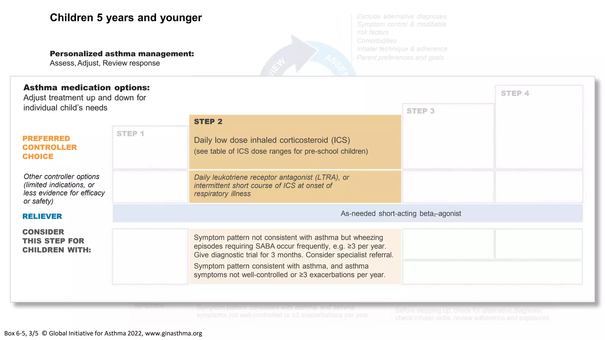 PREFERRED
CONTROLLER
CHOICE
Other controller options
(limited indications, or
less evidence for efficacy
or safety)
RELIEVER
CONSIDER
THIS STEP FOR
CHILDREN WITH:
STEP 1
Asthma medication options:
Adjust treatment up and down for
individual child’s needs
Infrequent viral
wheezing and no
or few interval
symptoms
Asthma diagnosis, and
asthma not well-controlled
on low dose ICS
Asthma not
well-controlled
on double ICS
Before stepping up, check for alternative diagnosis,
check inhaler skills, review adherence and exposures
As-needed short-acting beta2-agonist
Symptom pattern not consistent with asthma but wheezing
episodes requiring SABA occur frequently, e.g. ≥3 per year.
Give diagnostic trial for 3 months. Consider specialist referral.
Symptom pattern consistent with asthma, and asthma
symptoms not well-controlled or ≥3 exacerbations per year.
STEP 2
Daily low dose inhaled corticosteroid (ICS)
(see table of ICS dose ranges for pre-school children)
STEP 3
Double ‘low
dose’ ICS
Low dose ICS + LTRA
Consider specialist
referral
STEP 4
Continue
controller & refer
for specialist
assessment
Add LTRA, or increase
ICS frequency, or add
intermittent ICS
Daily leukotriene receptor antagonist (LTRA), or
intermittent short course of ICS at onset of
respiratory illness
Symptoms
Exacerbations
Side-effects
Parent satisfaction
Exclude alternative diagnoses
Symptom control & modifiable
risk factors
Comorbidities
Inhaler technique & adherence
Parent preferences and goals
Treat modifiable risk factors
and comorbidities
Non-pharmacological strategies
Asthma medications
Education & skills training
Consider intermittent
short course ICS at
onset of viral illness
Children 5 years and younger
Personalized asthma management:
Assess,Adjust, Review response
PREFERRED
CONTROLLER
CHOICE
Other controller options
(limited indications, or
less evidence for efficacy
or safety)
RELIEVER
CONSIDER
THIS STEP FOR
CHILDREN WITH:
Asthma medication options:
Adjust treatment up and down for
individual child’s needs STEP 3
STEP 4
Symptom pattern not consistent with asthma but wheezing
episodes requiring SABA occur frequently, e.g. ≥3 per year.
Give diagnostic trial for 3 months. Consider specialist referral.
Symptom pattern consistent with asthma, and asthma
symptoms not well-controlled or ≥3 exacerbations per year.
STEP 2
Daily low dose inhaled corticosteroid (ICS)
(see table of ICS dose ranges for pre-school children)
Daily leukotriene receptor antagonist (LTRA), or
intermittent short course of ICS at onset of
respiratory illness
STEP 1
As-needed short-acting beta2-agonist
Box 6-5, 3/5 © Global Initiative for Asthma 2022, www.ginasthma.org
 