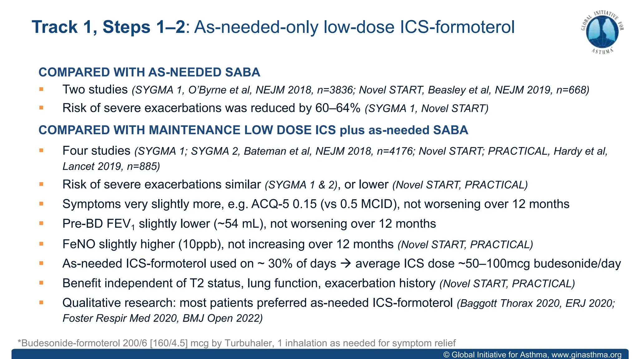 © Global Initiative for Asthma, www.ginasthma.org
COMPARED WITH AS-NEEDED SABA
§ Two studies (SYGMA 1, O’Byrne et al, NEJM 2018, n=3836; Novel START, Beasley et al, NEJM 2019, n=668)
§ Risk of severe exacerbations was reduced by 60–64% (SYGMA 1, Novel START)
COMPARED WITH MAINTENANCE LOW DOSE ICS plus as-needed SABA
§ Four studies (SYGMA 1; SYGMA 2, Bateman et al, NEJM 2018, n=4176; Novel START; PRACTICAL, Hardy et al,
Lancet 2019, n=885)
§ Risk of severe exacerbations similar (SYGMA 1 & 2), or lower (Novel START, PRACTICAL)
§ Symptoms very slightly more, e.g. ACQ-5 0.15 (vs 0.5 MCID), not worsening over 12 months
§ Pre-BD FEV1 slightly lower (~54 mL), not worsening over 12 months
§ FeNO slightly higher (10ppb), not increasing over 12 months (Novel START, PRACTICAL)
§ As-needed ICS-formoterol used on ~ 30% of days à average ICS dose ~50–100mcg budesonide/day
§ Benefit independent of T2 status, lung function, exacerbation history (Novel START, PRACTICAL)
§ Qualitative research: most patients preferred as-needed ICS-formoterol (Baggott Thorax 2020, ERJ 2020;
Foster Respir Med 2020, BMJ Open 2022)
*Budesonide-formoterol 200/6 [160/4.5] mcg by Turbuhaler, 1 inhalation as needed for symptom relief
Track 1, Steps 1–2: As-needed-only low-dose ICS-formoterol
 