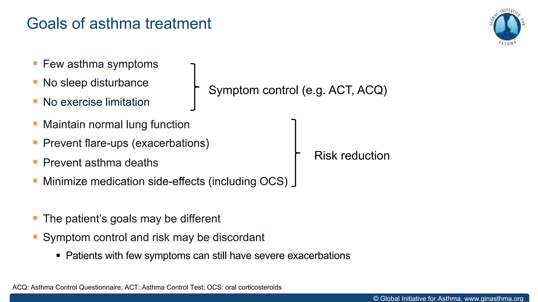 © Global Initiative for Asthma, www.ginasthma.org
§ Few asthma symptoms
§ No sleep disturbance
§ No exercise limitation
§ Maintain normal lung function
§ Prevent flare-ups (exacerbations)
§ Prevent asthma deaths
§ Minimize medication side-effects (including OCS)
§ The patient’s goals may be different
§ Symptom control and risk may be discordant
§ Patients with few symptoms can still have severe exacerbations
Goals of asthma treatment
Symptom control (e.g. ACT, ACQ)
Risk reduction
ACQ: Asthma Control Questionnaire; ACT: Asthma Control Test; OCS: oral corticosteroids
© Global Initiative for Asthma, www.ginasthma.org
 