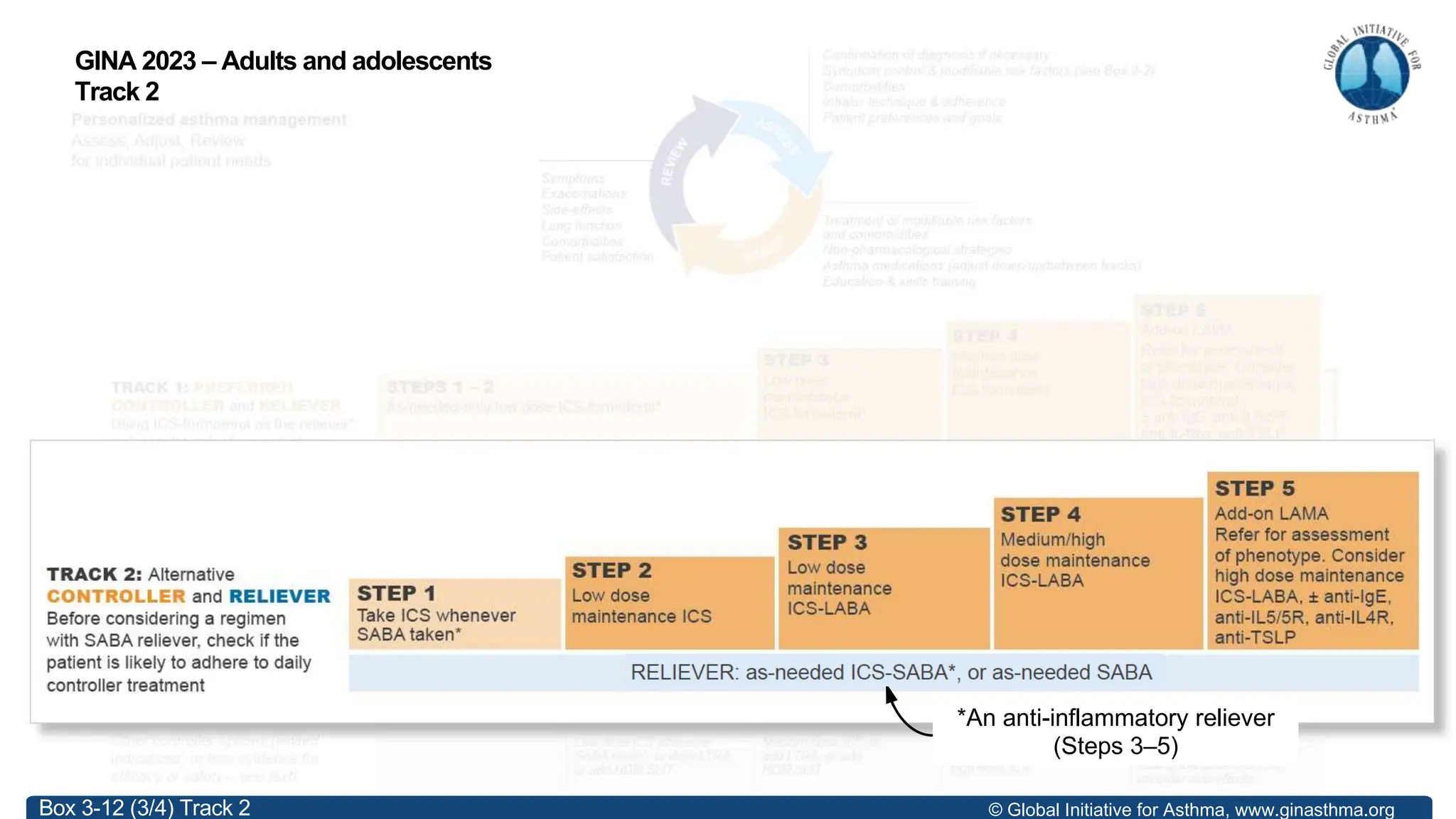© Global Initiative for Asthma, www.ginasthma.org
*An anti-inflammatory reliever
(Steps 3–5)
GINA 2023 – Adults and adolescents
Track 2
Box 3-12 (3/4) Track 2
 