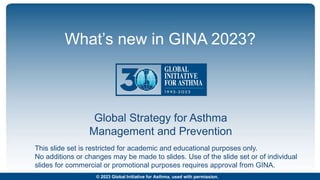 © Global Initiative for Asthma
Global Strategy for Asthma
Management and Prevention
This slide set is restricted for academic and educational purposes only.
No additions or changes may be made to slides. Use of the slide set or of individual
slides for commercial or promotional purposes requires approval from GINA.
What’s new in GINA 2023?
© 2023 Global Initiative for Asthma, used with permission.
 