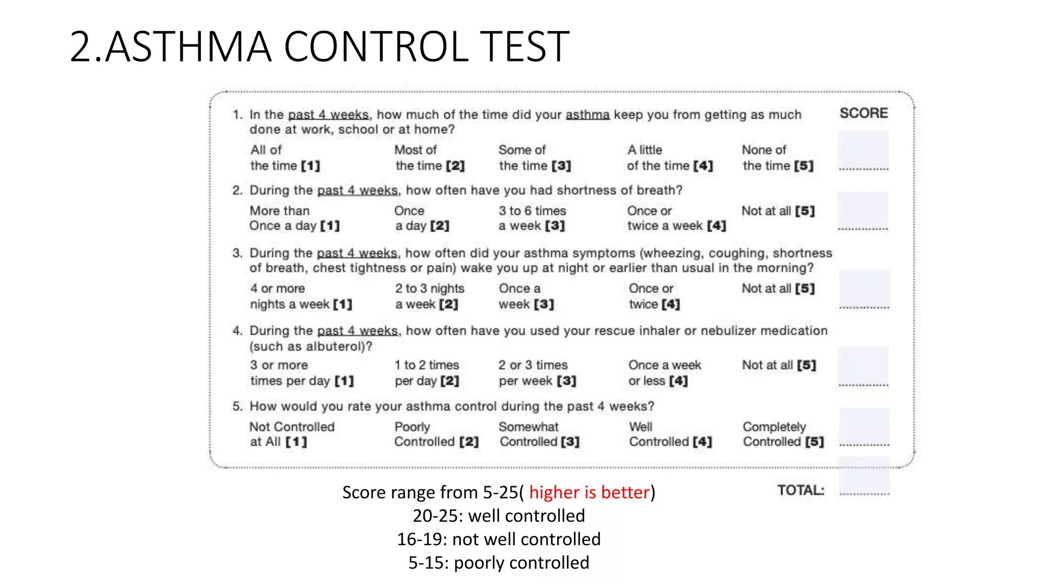 2.ASTHMA CONTROL TEST
Score range from 5-25( higher is better)
20-25: well controlled
16-19: not well controlled
5-15: poorly controlled
 