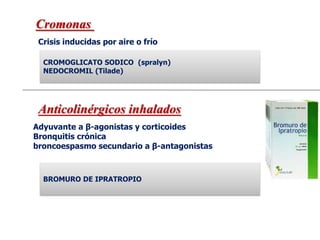 Crisis inducidas por aire o frío
Cromonas
Anticolinérgicos inhalados
CROMOGLICATO SODICO (spralyn)
NEDOCROMIL (Tilade)
Adyuvante a β-agonistas y corticoides
Bronquitis crónica
broncoespasmo secundario a β-antagonistas
BROMURO DE IPRATROPIO
 