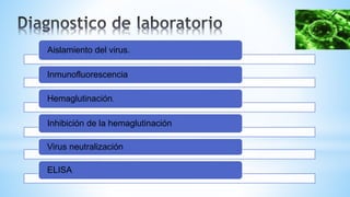 Aislamiento del virus.
Inmunofluorescencia
Hemaglutinación.
Inhibición de la hemaglutinación
Virus neutralización
ELISA
 