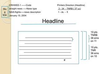 CRHWEE-1 ------Code Printers Direction (Headline)
straight news -----News type 3 - 34 - TNRB ( 37 uc)
NAIA flights-----news description 1 - ds - fl
January 10, 2004
Headline
__________________________________
______________________________________
__________________________________
______________________________________
______________________________________
__________________________________
______________________________________
______________________________________
#
10 pts
TNRB
38 ems
on 11
10 pts.
TNR
36 ems
on 10
Slu
g
line
 