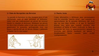 6
 Finta de Recepción con Reverso
La parada la hacemos en dos tiempos pero el pie
adelantado será el más próximo al defensor.
Sobre este pie realizaremos un pivote de reverso
dando la espalda al defensor. Mediante un pivote
en dirección al balón sobre el pie más cercano a él
ganaremos la posición, protegiendo ésta con
brazo y pierna del pie de pivote último y pidiendo
el balón con la otra mano.
 Puerta Atrás
Como alternativa a defensas muy presionantes
está la conocida "puerta atrás", que consiste en
aprovecharse de la presión defensiva del rival,
que no nos deja recibir, o al que le hacemos
pensar eso, para que cuando estemos más
próximos al balón al haber realizado la finta de
recepción sin éxito (o aparentemente), ganarle la
posición por detrás mediante un pivote y
desplazarnos hacia canasta para recibir
ventajosamente.
 